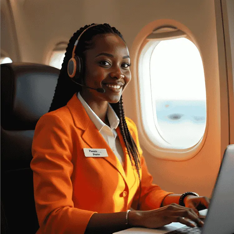 Kaego customer care lady seating in a airplane with a laptop