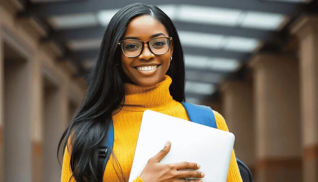 Kaego black woman study abroad with a laptop in her hand
